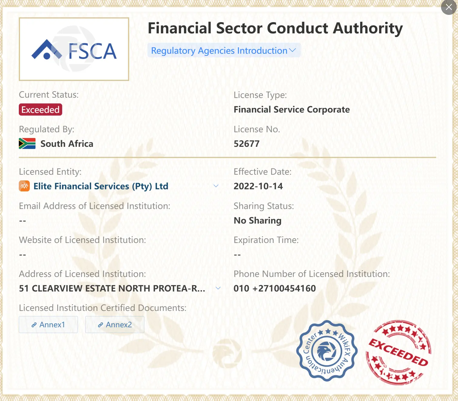 Licença FSCA excedida Licença FSCA excedida