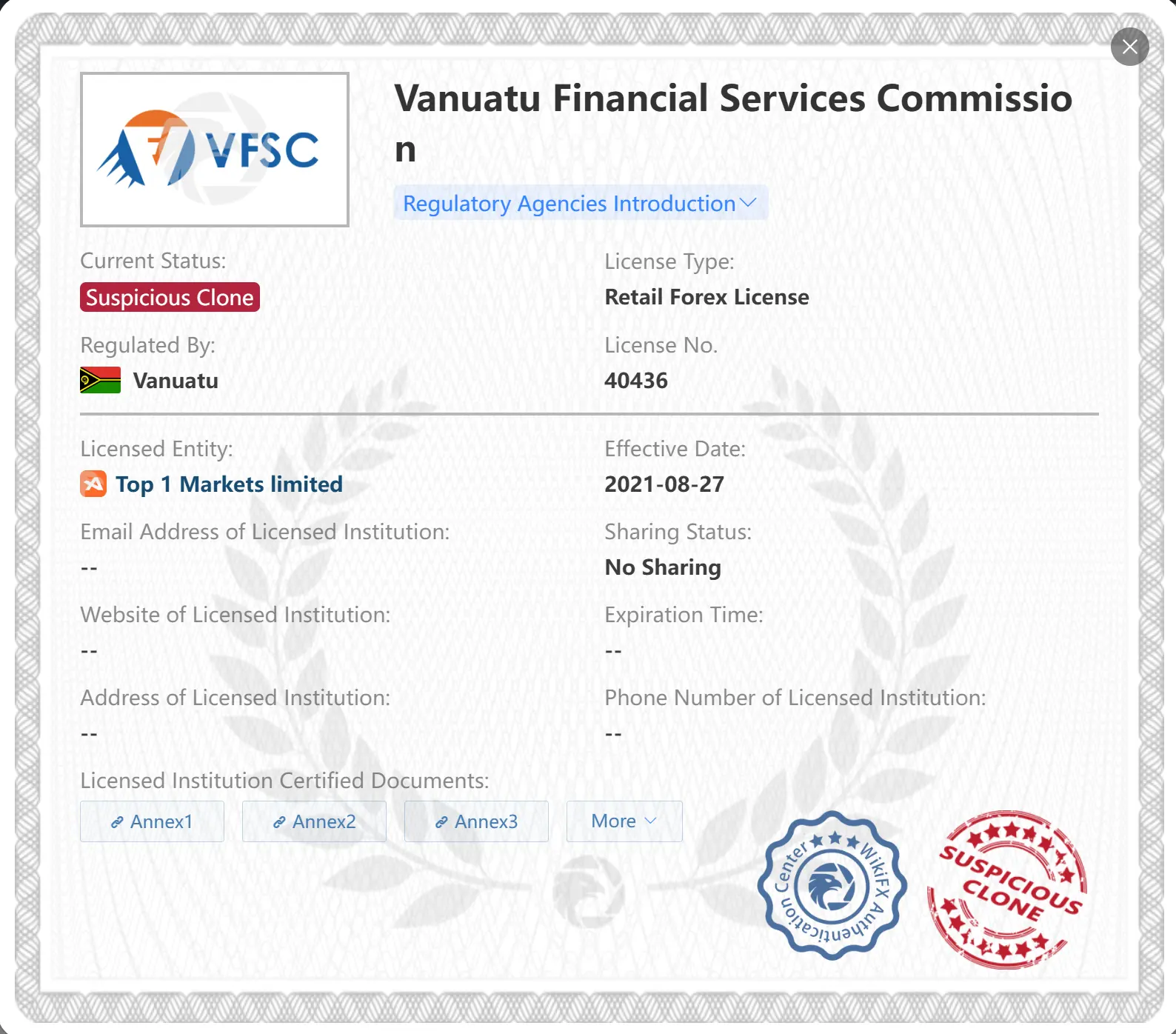 Suspicious clone VFSC license Suspicious clone VFSC license
