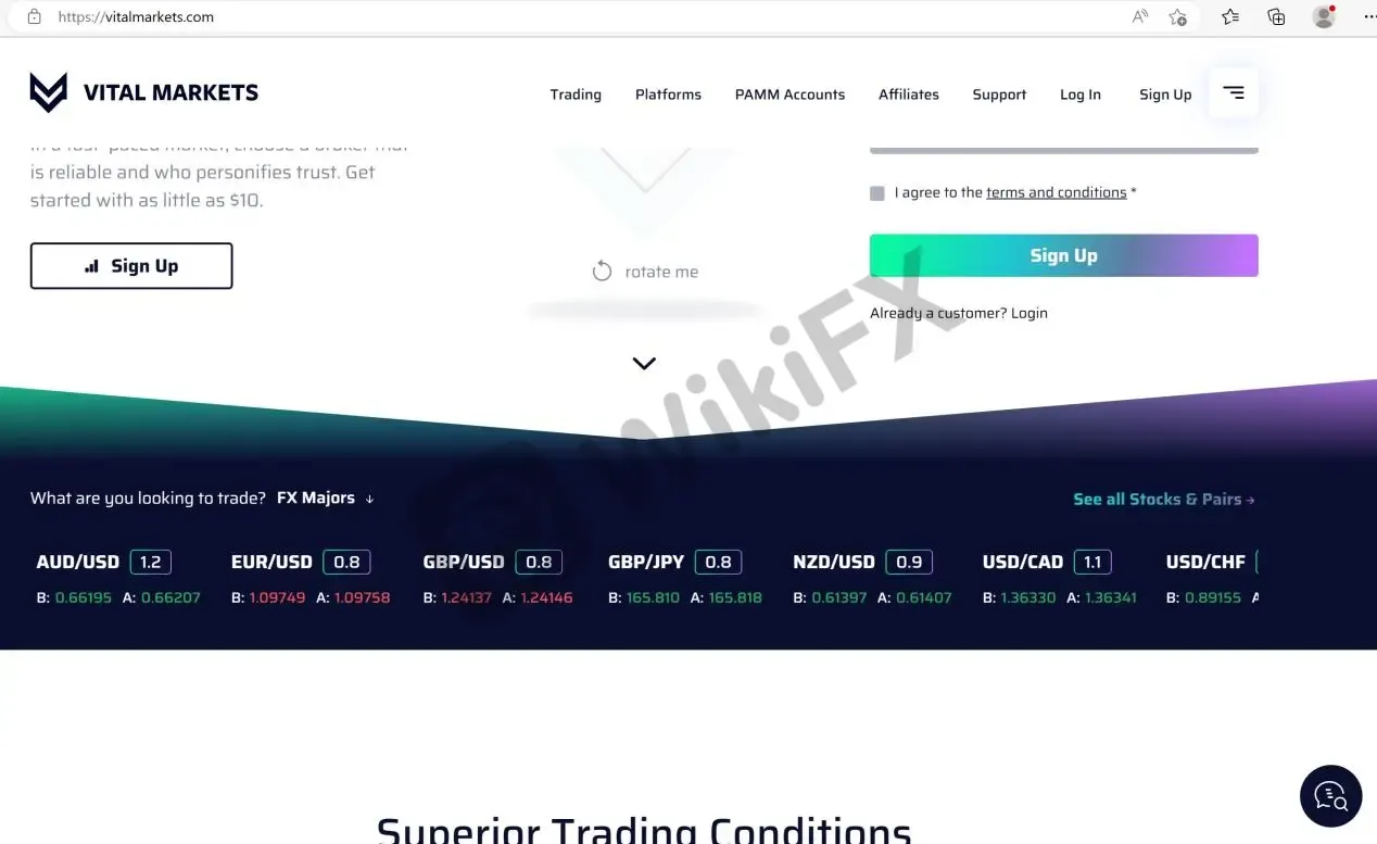 Vital Markets' home page