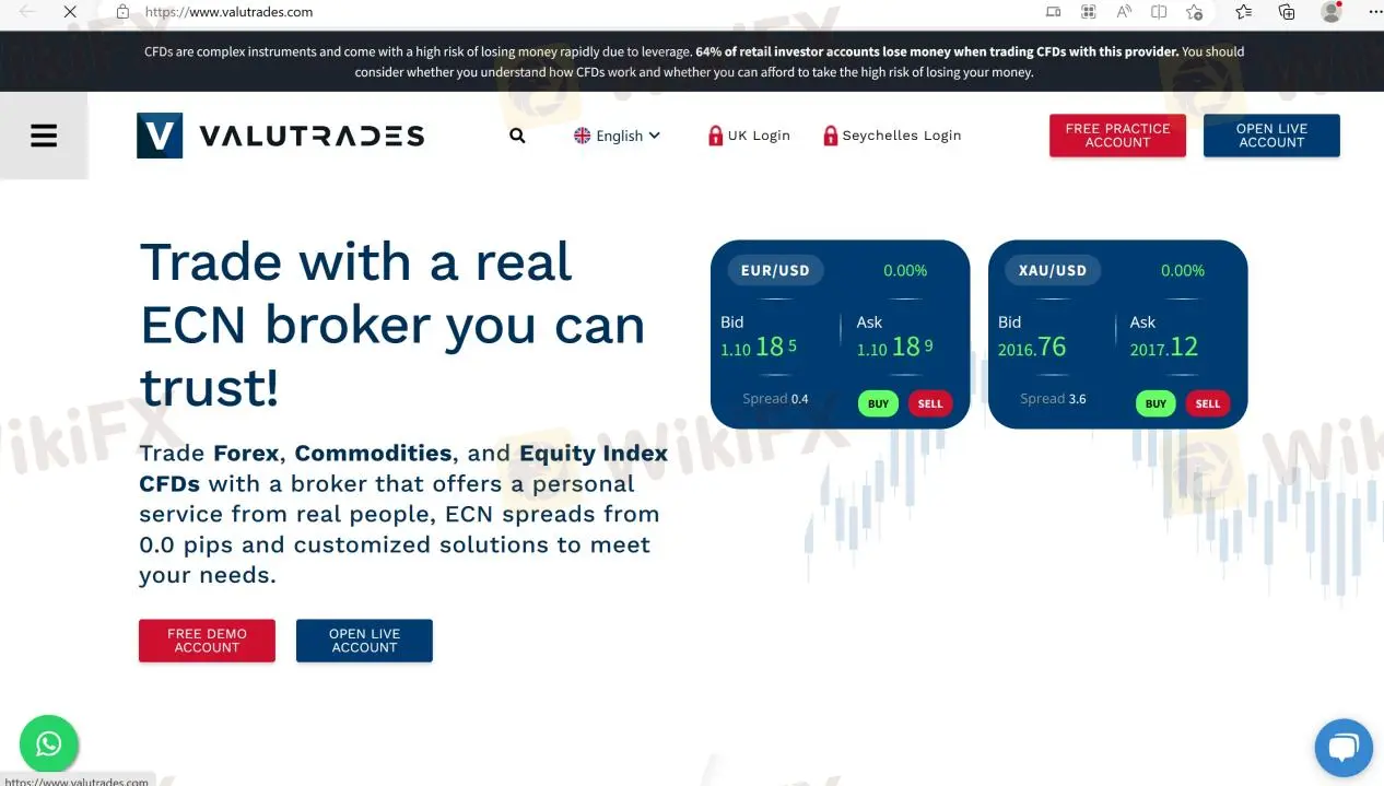 Valutrades home page