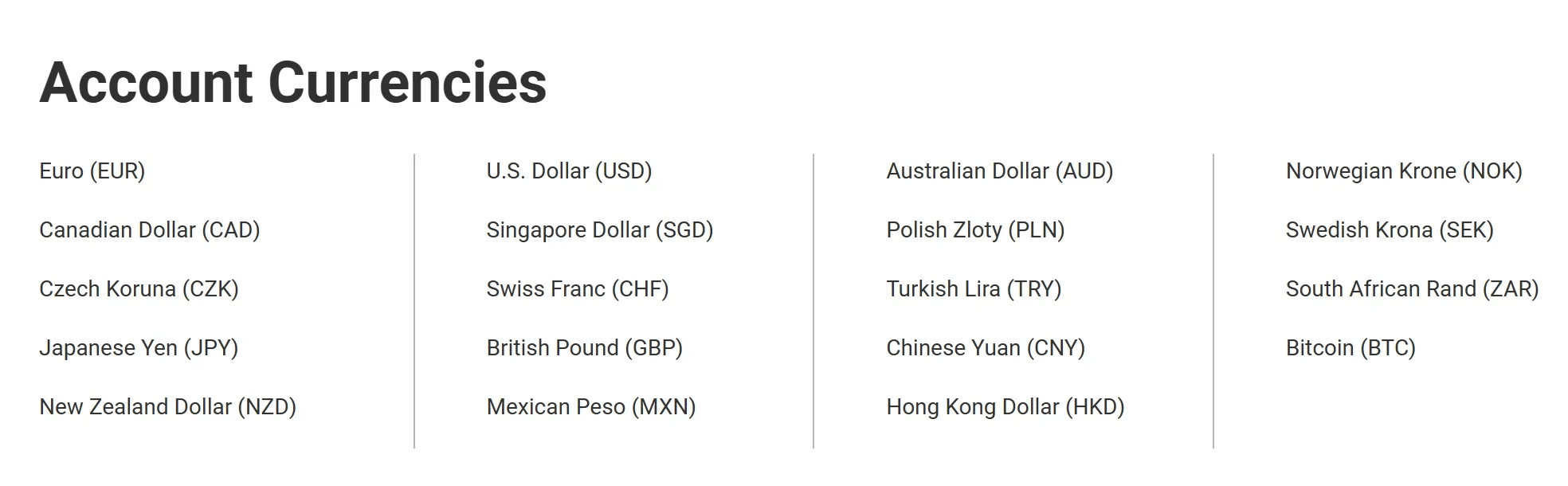 Account currencies Account currencies