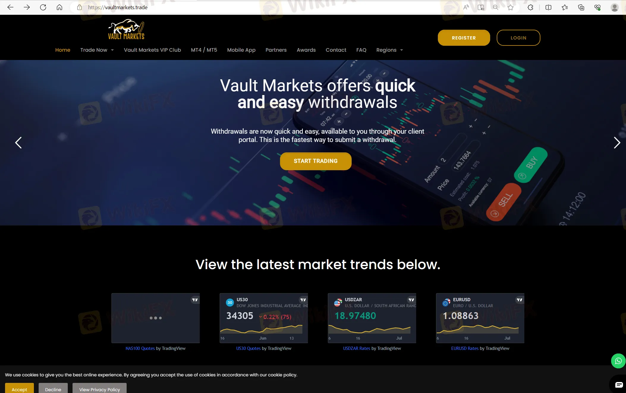 Vault Markets' home page