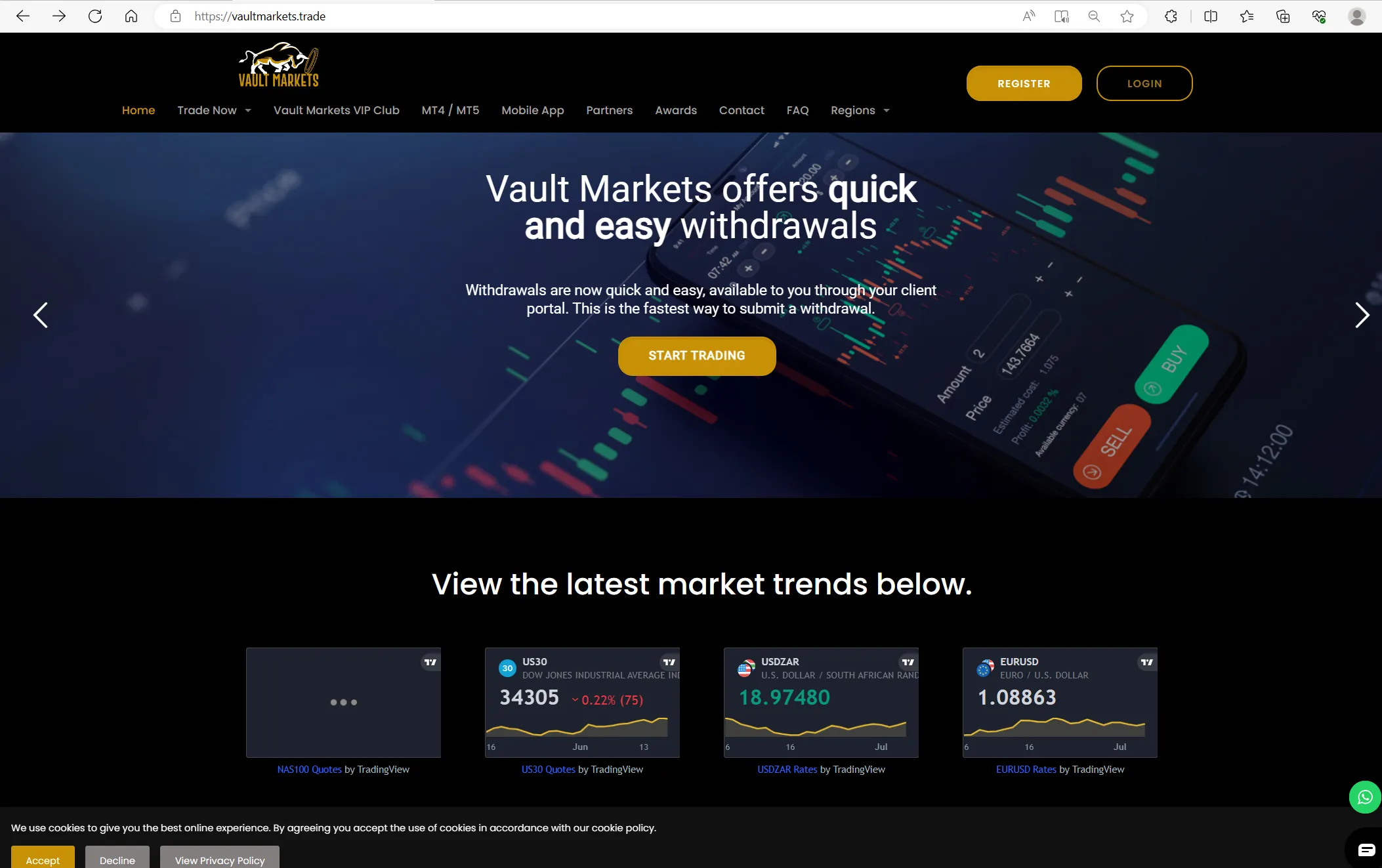 Vault Markets' home page