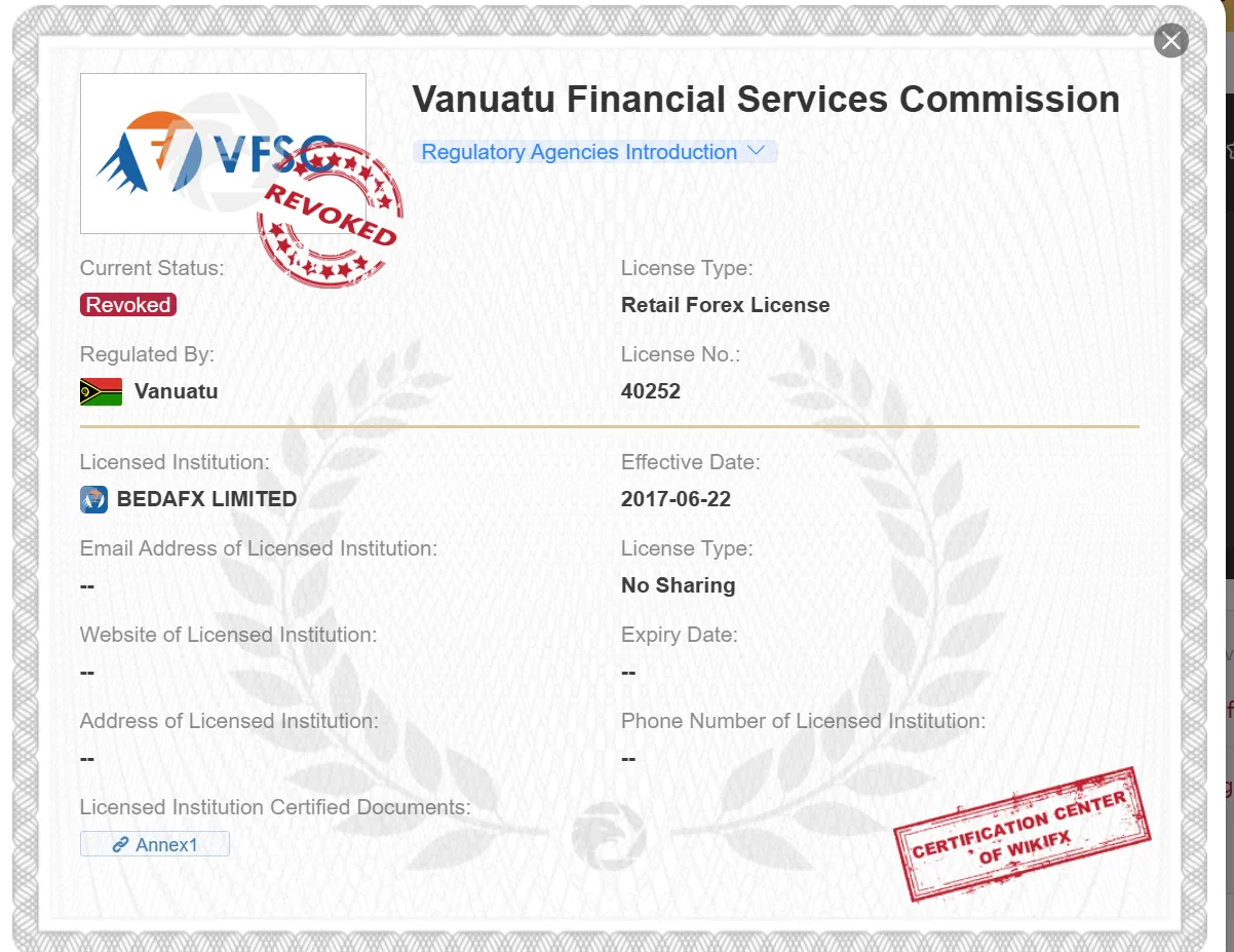 revoked VFSC license