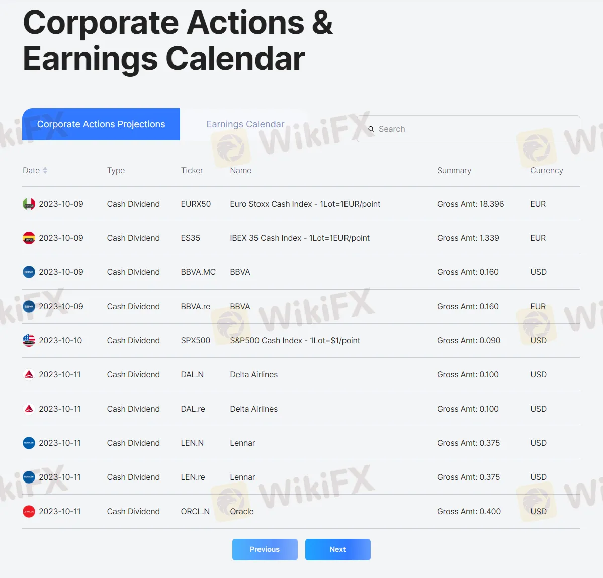 Earnings calendar