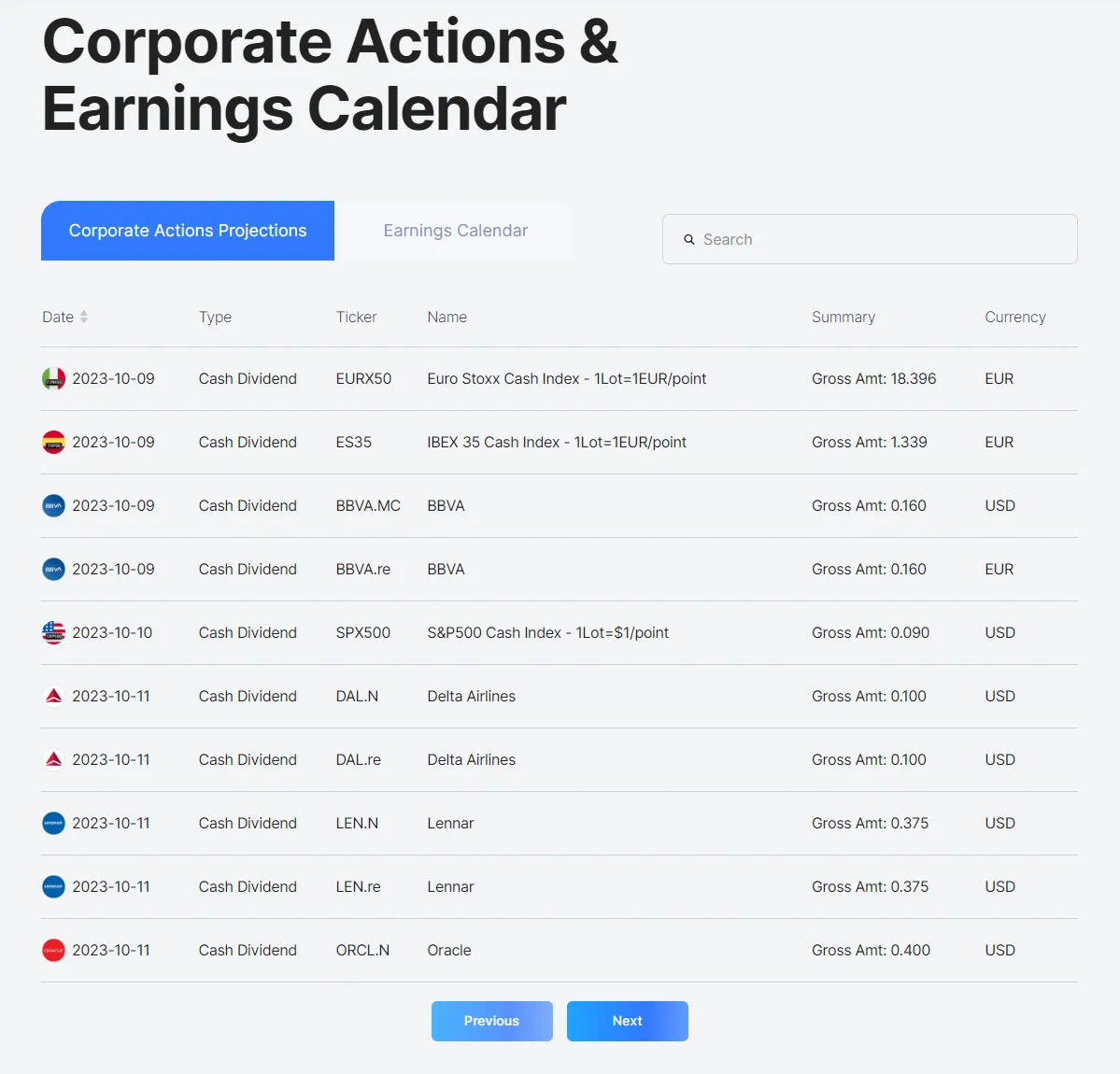Earnings calendar
