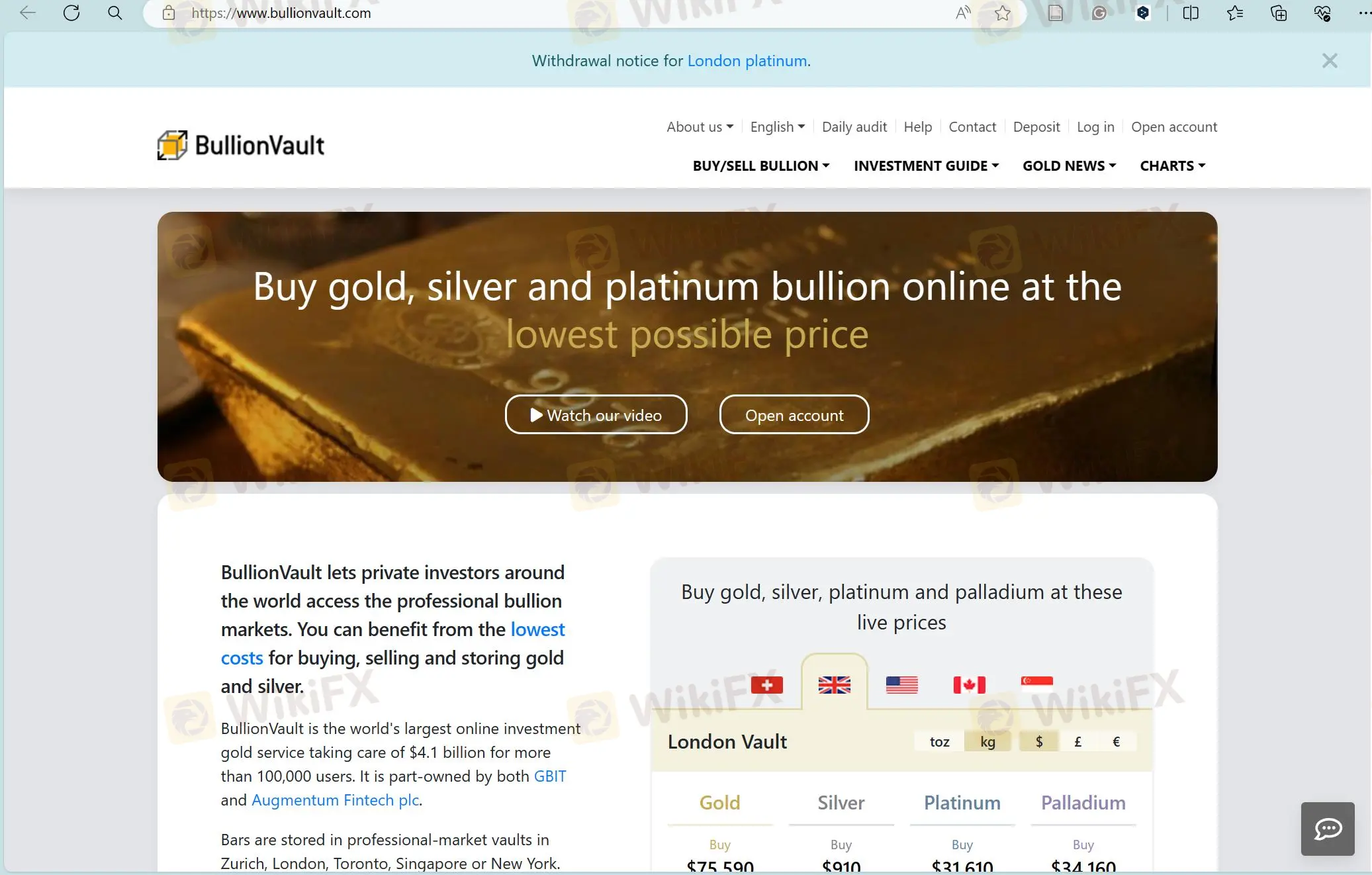 BullionVault's page d'accueil BullionVault's page d'accueil