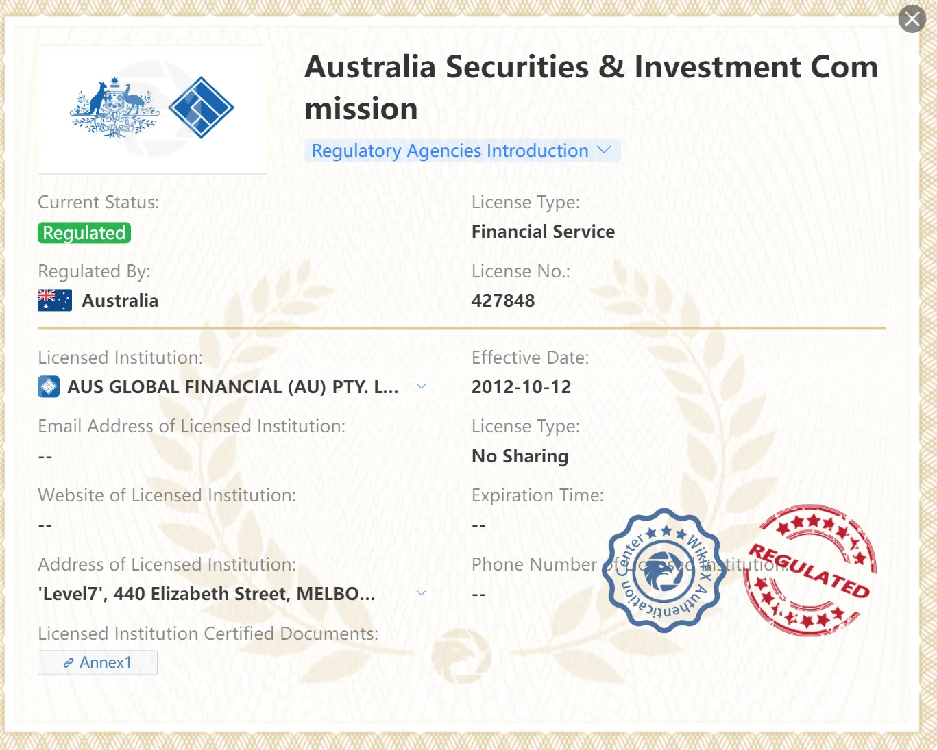 <b>AUS GLOBAL wird von der Securities and Commodities Authority(SCA) in den Vereinigten Arabischen Emiraten reguliert </b>mit dem aktuellen Status der allgemeinen Registrierung unter der Lizenznummer 20200000207. Regulierung