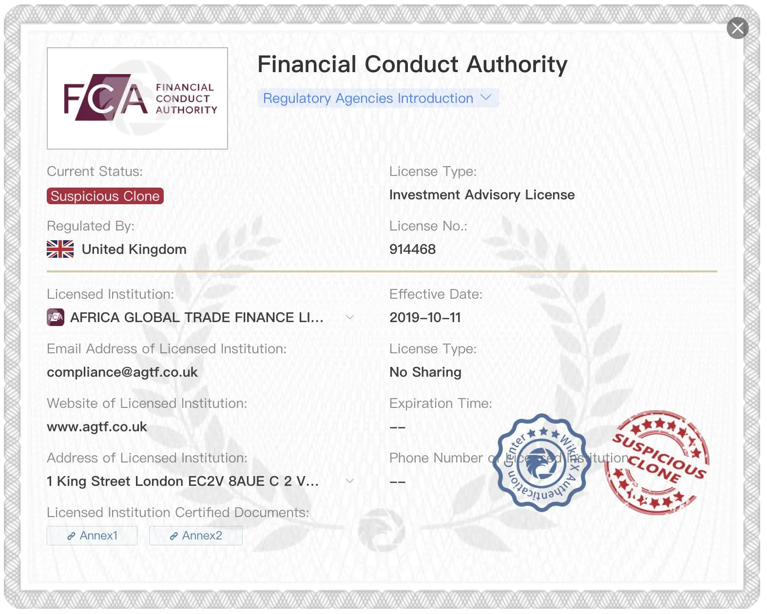 Suspicious clone FCA license Suspicious clone FCA license