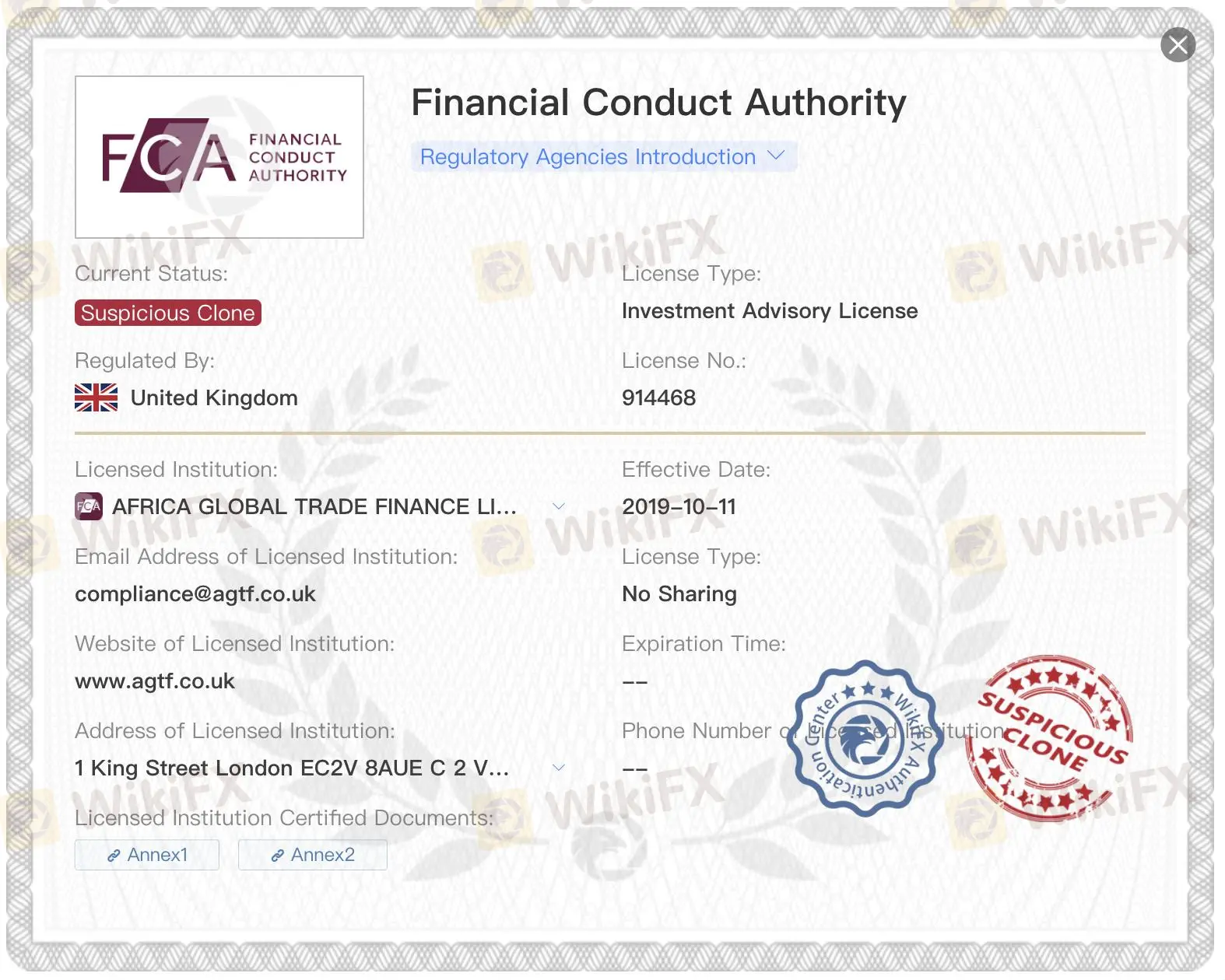 ใบอนุญาต FCA ที่สงสัยว่าเป็นโคลน