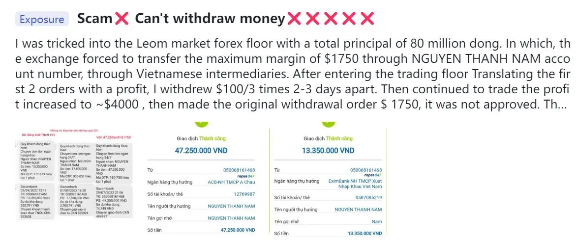 Đánh giá tiêu cực về LEOM MARKET trên WikiFX Đánh giá tiêu cực về LEOM MARKET trên WikiFX