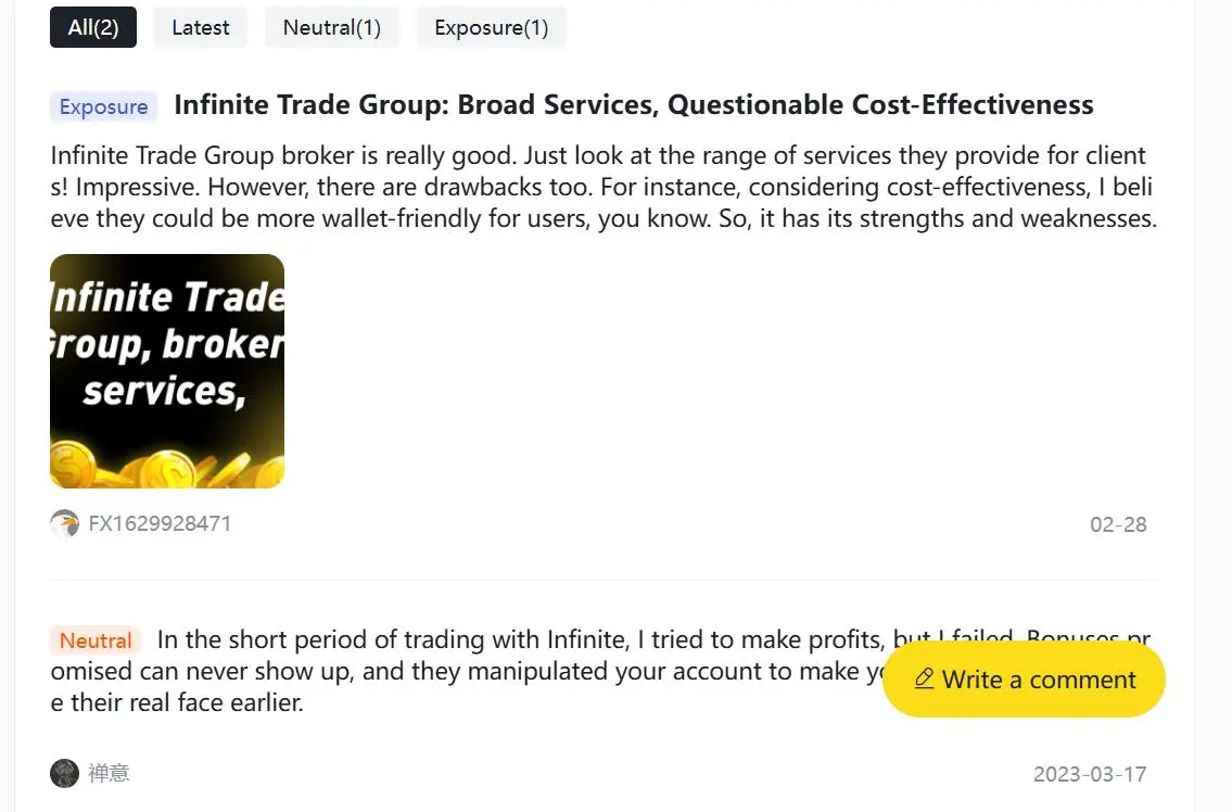 WikiFXでのネガティブなInfinite Trade Groupの口コミ WikiFXでのネガティブなInfinite Trade Groupの口コミ