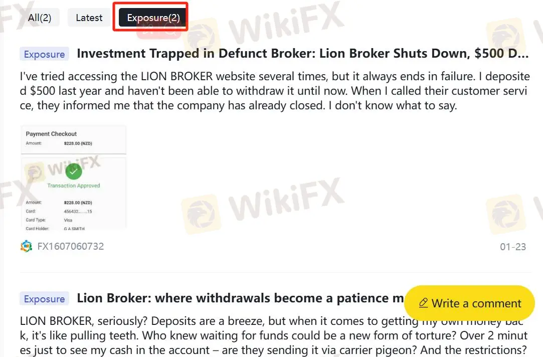 在WikiFX上的负面LION BROKER评论