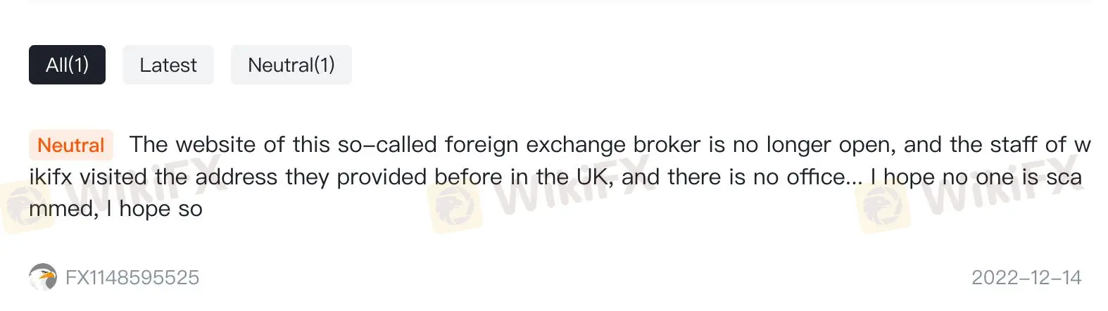 WikiFX上关于力汇的负面评价