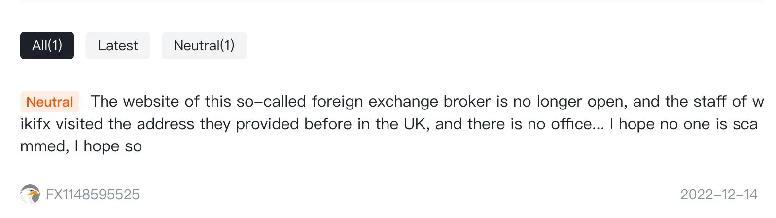 WikiFX上關於力匯的負面評論