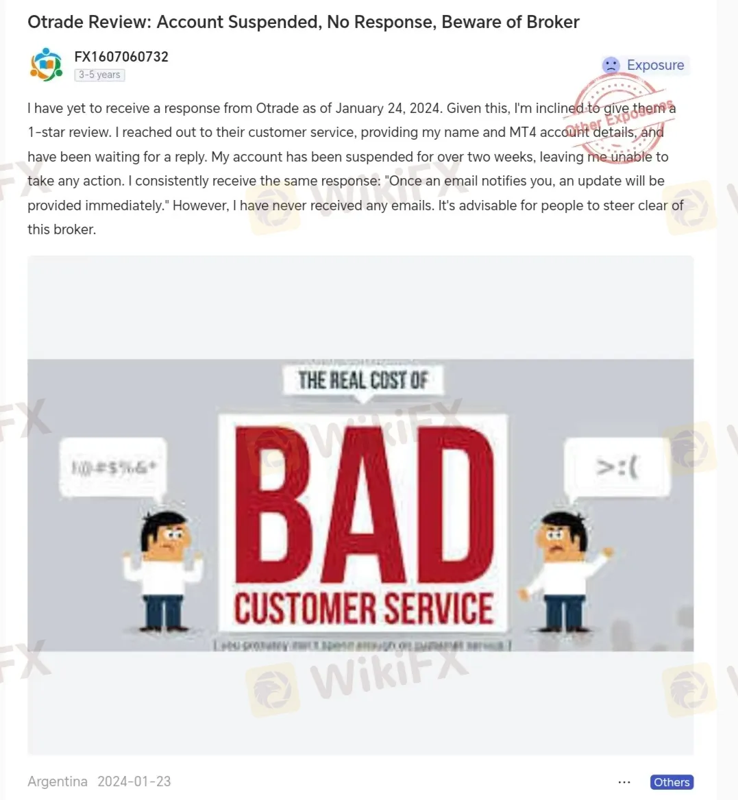 Ulasan Negatif Otrade di WikiFX