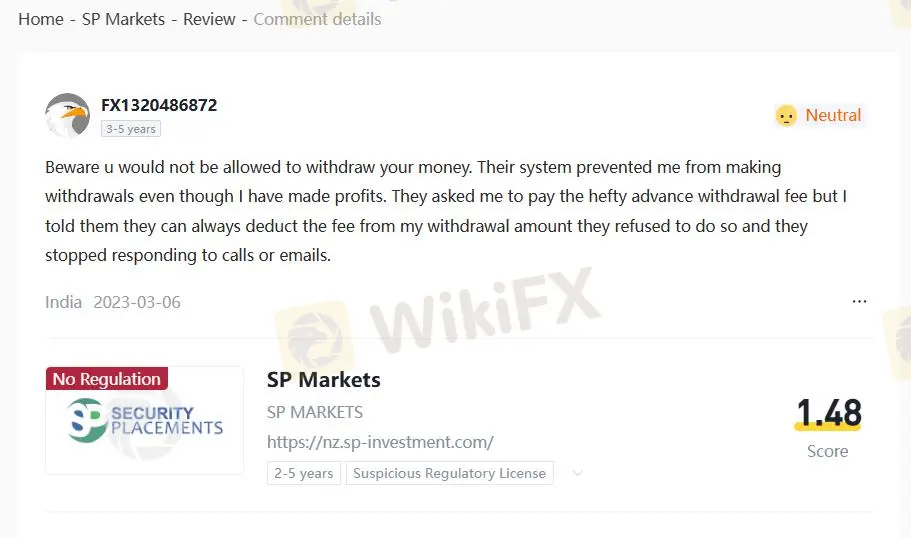 Отрицательные отзывы о SP Markets на WikiFX