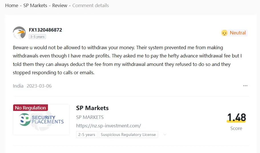 WikiFX上关于SP Markets的负面评论 WikiFX上关于SP Markets的负面评论