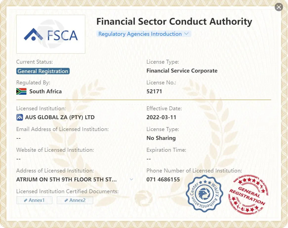 <b>AUS GLOBAL wird von der Securities and Commodities Authority(SCA) in den Vereinigten Arabischen Emiraten reguliert</b> und hat den aktuellen Status der allgemeinen Registrierung unter der Lizenznummer 20200000207. the Financial Sector Conduct Authority (FSCA)
