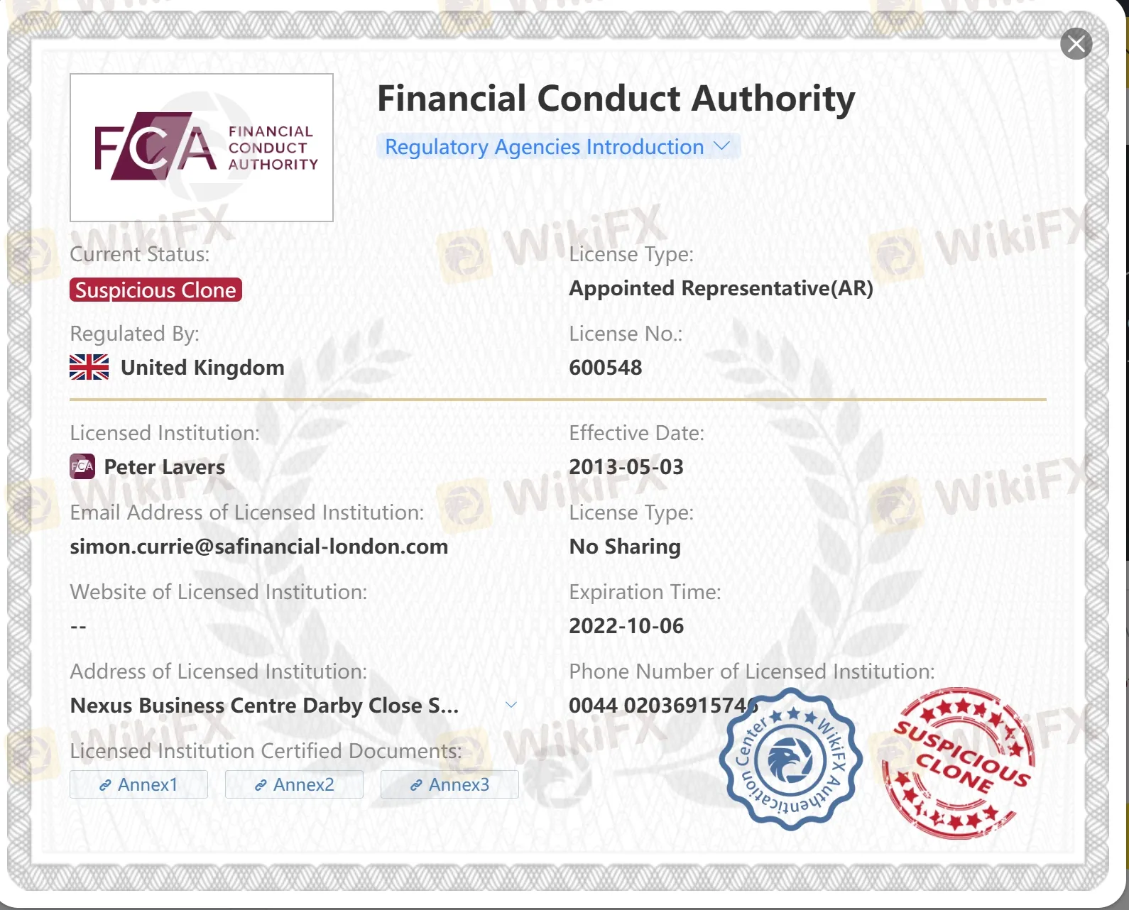 Suspicious clone FCA license