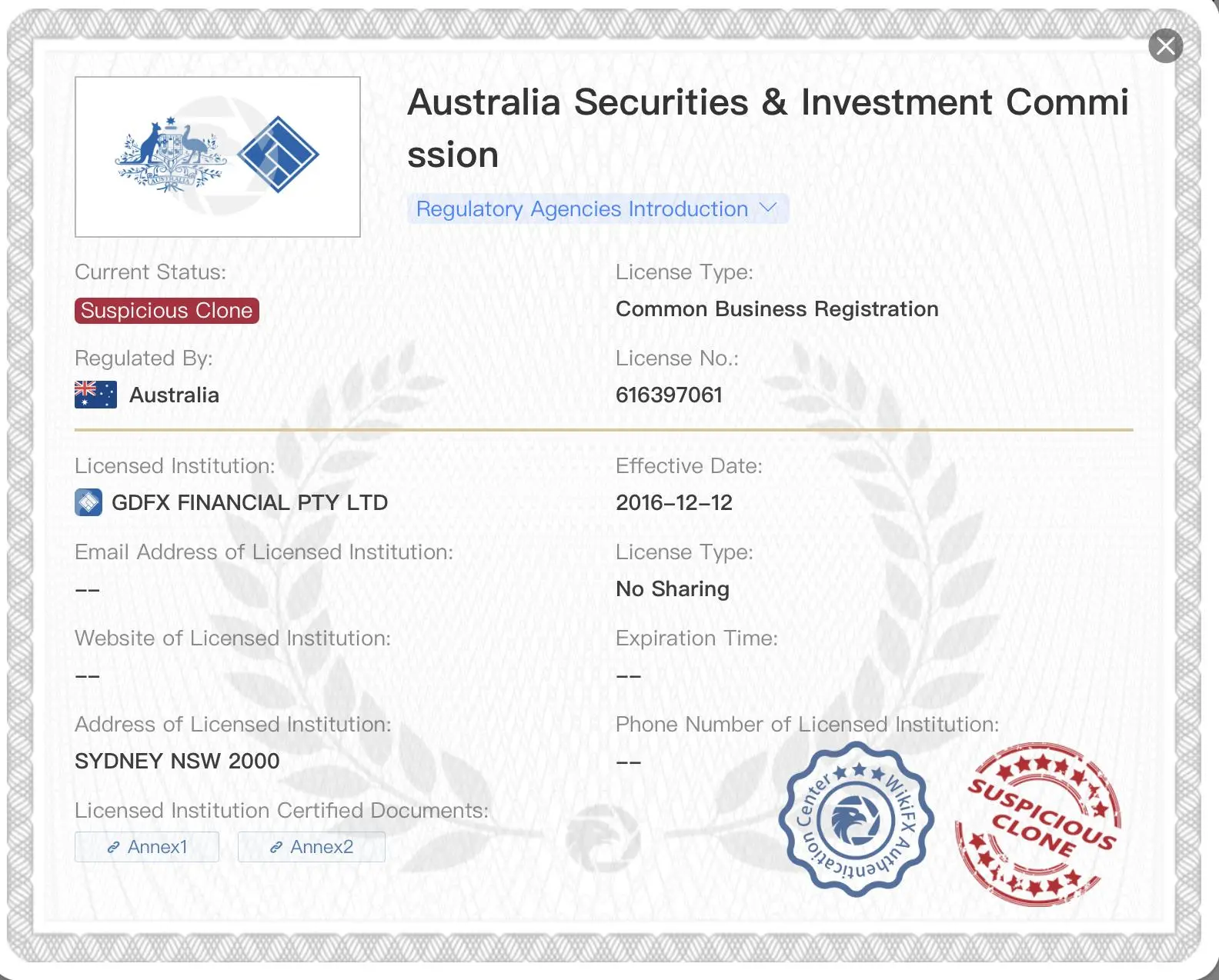 Verdächtige Kopie ASIC-Lizenz Verdächtige Kopie ASIC-Lizenz