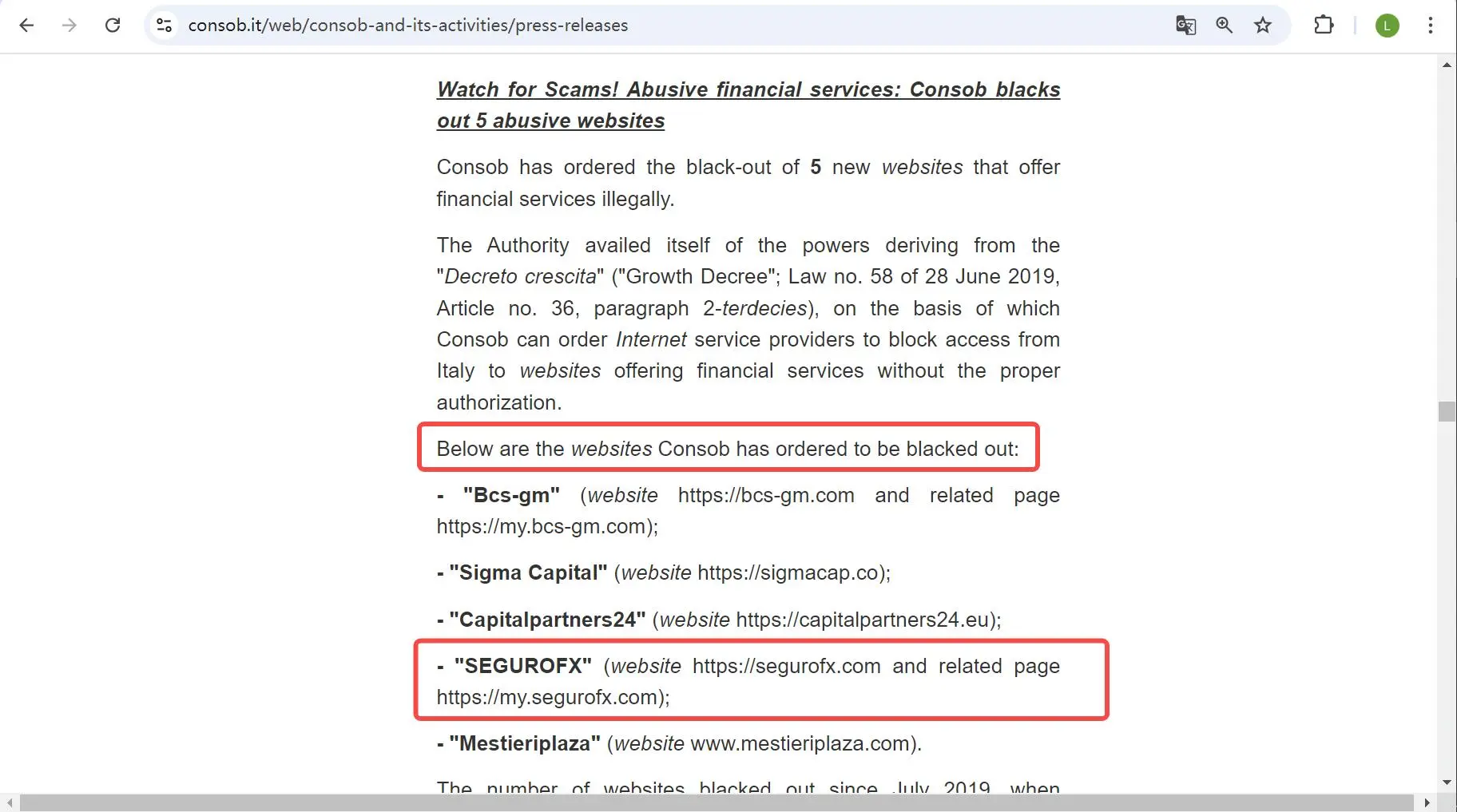 Blacklisted by CONSOB Blacklisted by CONSOB