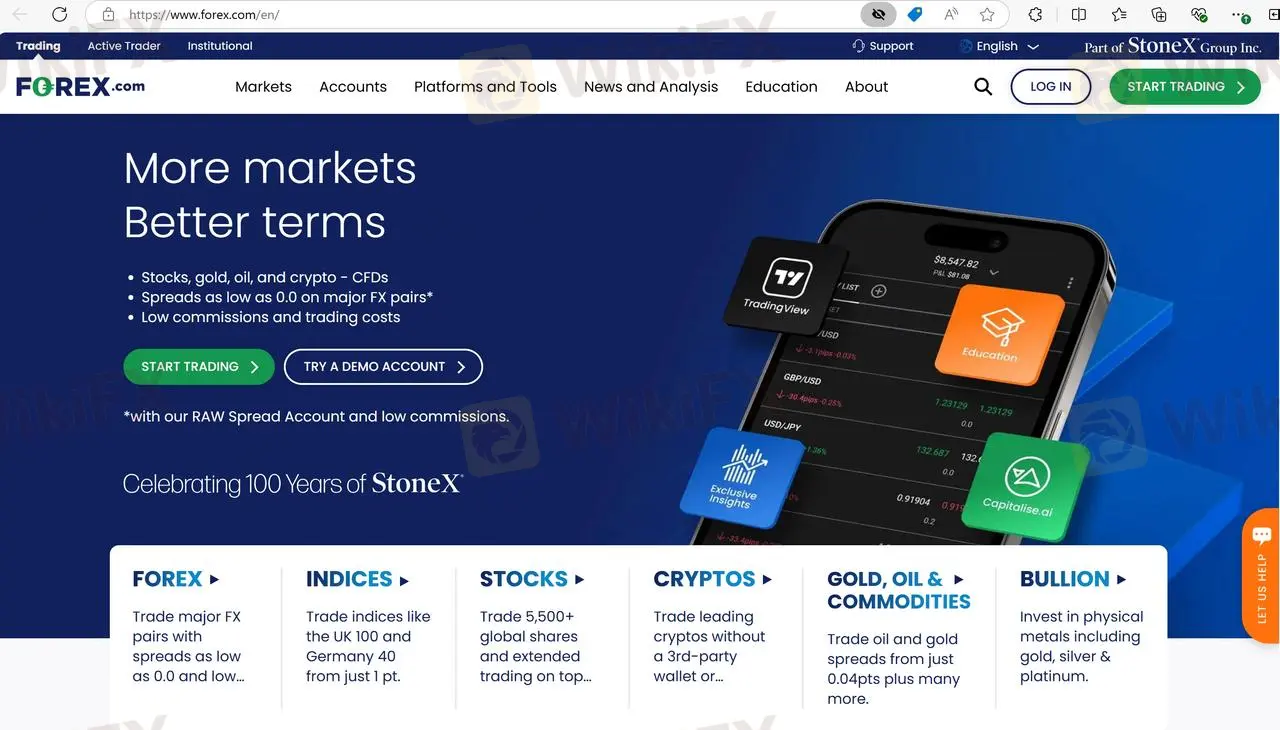 Forex.com's homepage
