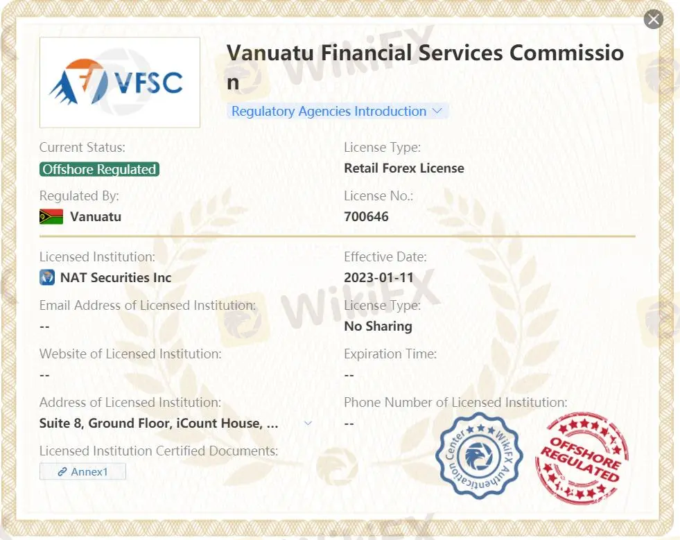 NAT Securities成立于2023年，是一家在瓦努阿图注册的新经纪商。它提供的交易工具包括股票、期货、指数、外汇、比特币、差价合约。为交易者提供2个账户和NAT交易平台支持。