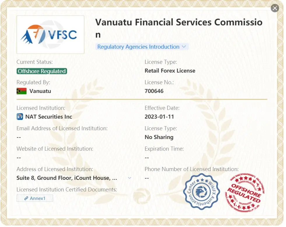 NAT Securities成立于2023年,是一家在瓦努阿图注册的新经纪商。它提供的交易工具包括股票、期货、指数、外汇、比特币、差价合约。为交易者提供2个账户和NAT交易平台支持。 NAT Securities成立于2023年,是一家在瓦努阿图注册的新经纪商。它提供的交易工具包括股票、期货、指数、外汇、比特币、差价合约。为交易者提供2个账户和NAT交易平台支持。