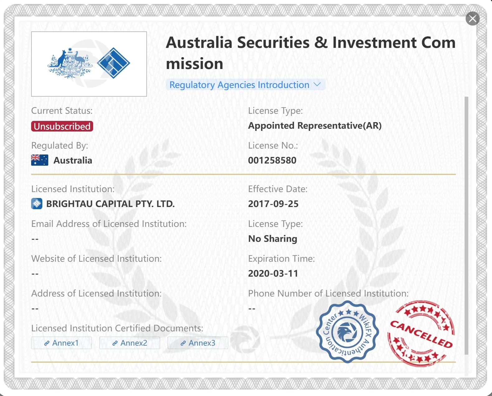 Licence ASIC non inscrite