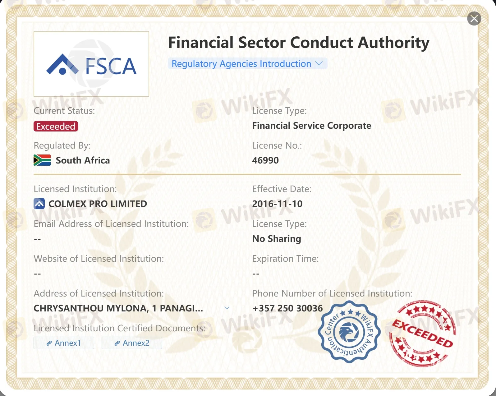 Exceeded FSCA license