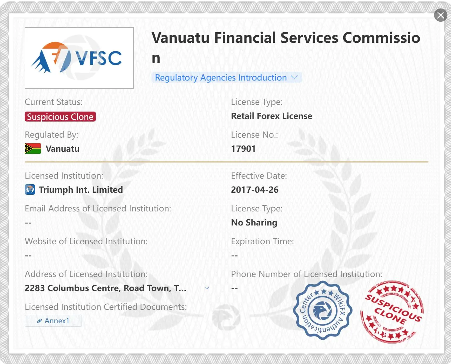 可疑克隆VFSC許可證 可疑克隆VFSC許可證