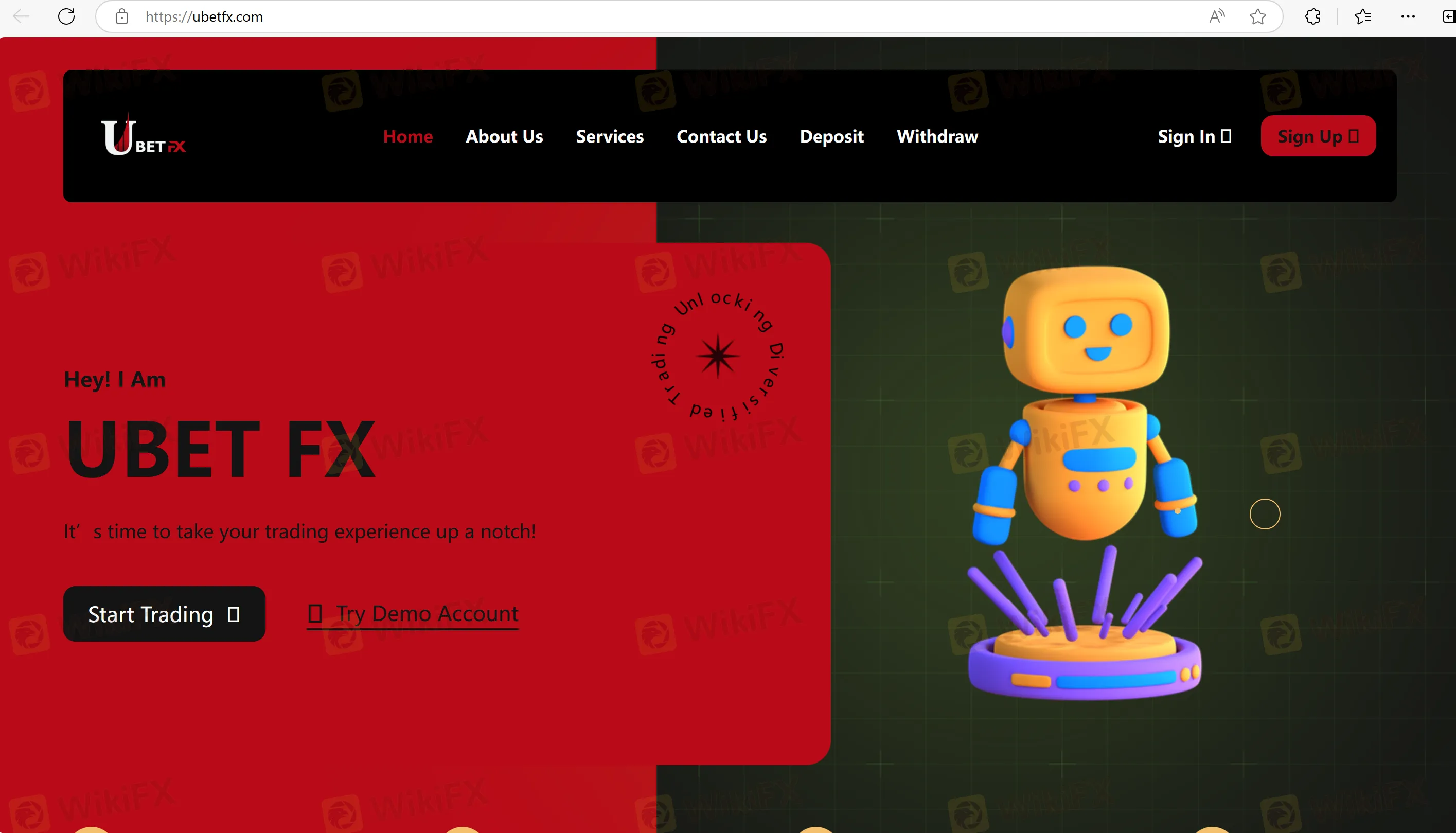 الصفحة الرئيسية لـ UbetFX