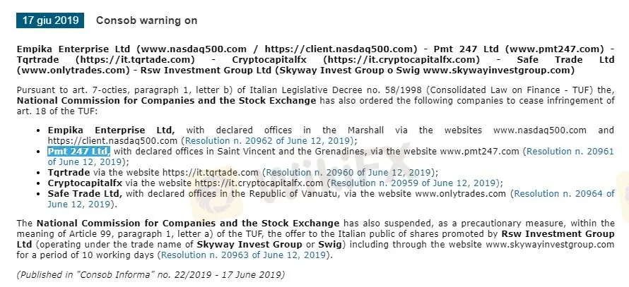 Avertissement CONSOB