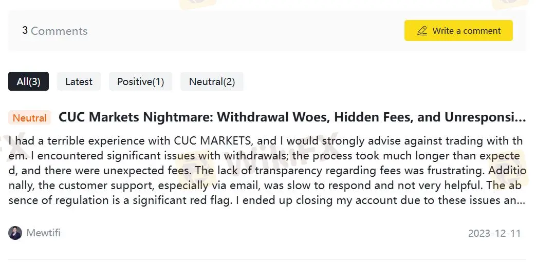 Negative CUC MARKETS Reviews on WikiFX