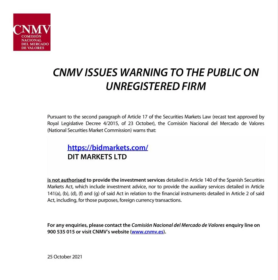 CNMV warning CNMV warning