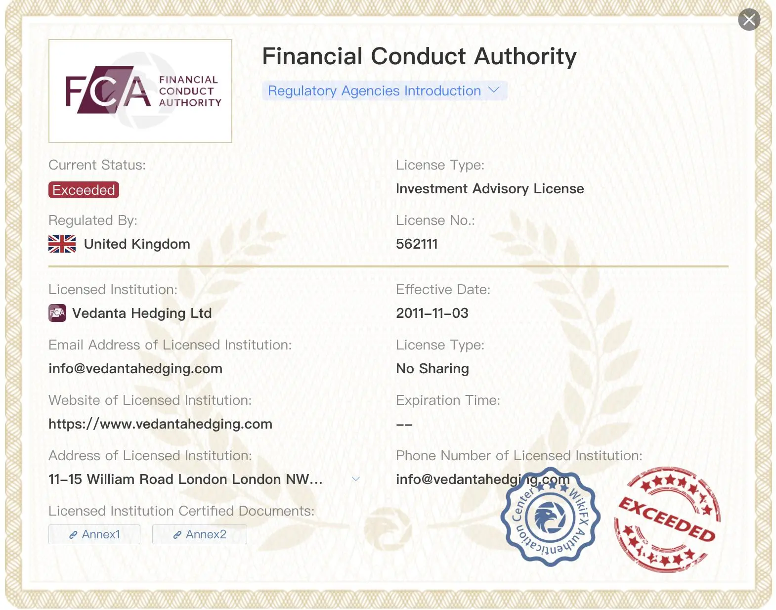 Exceeded FCA license