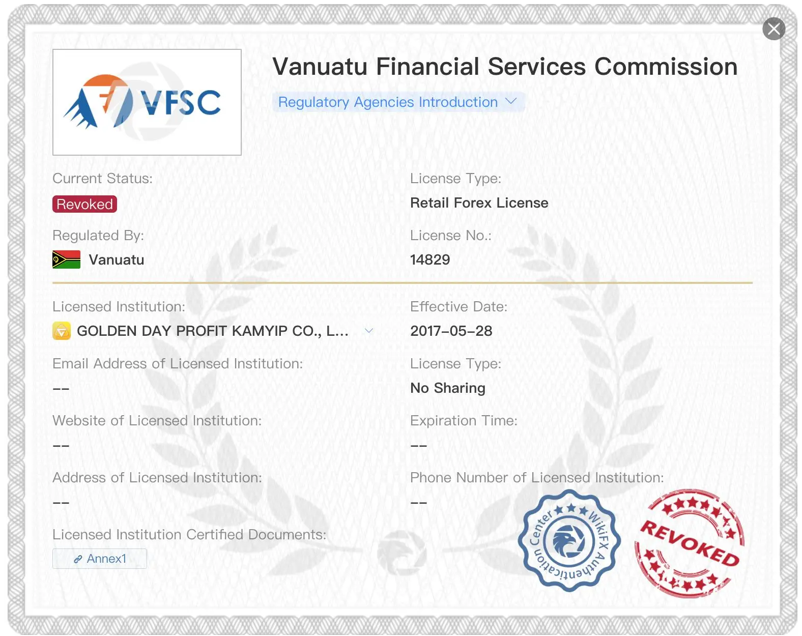 Revoked VFSC license Revoked VFSC license