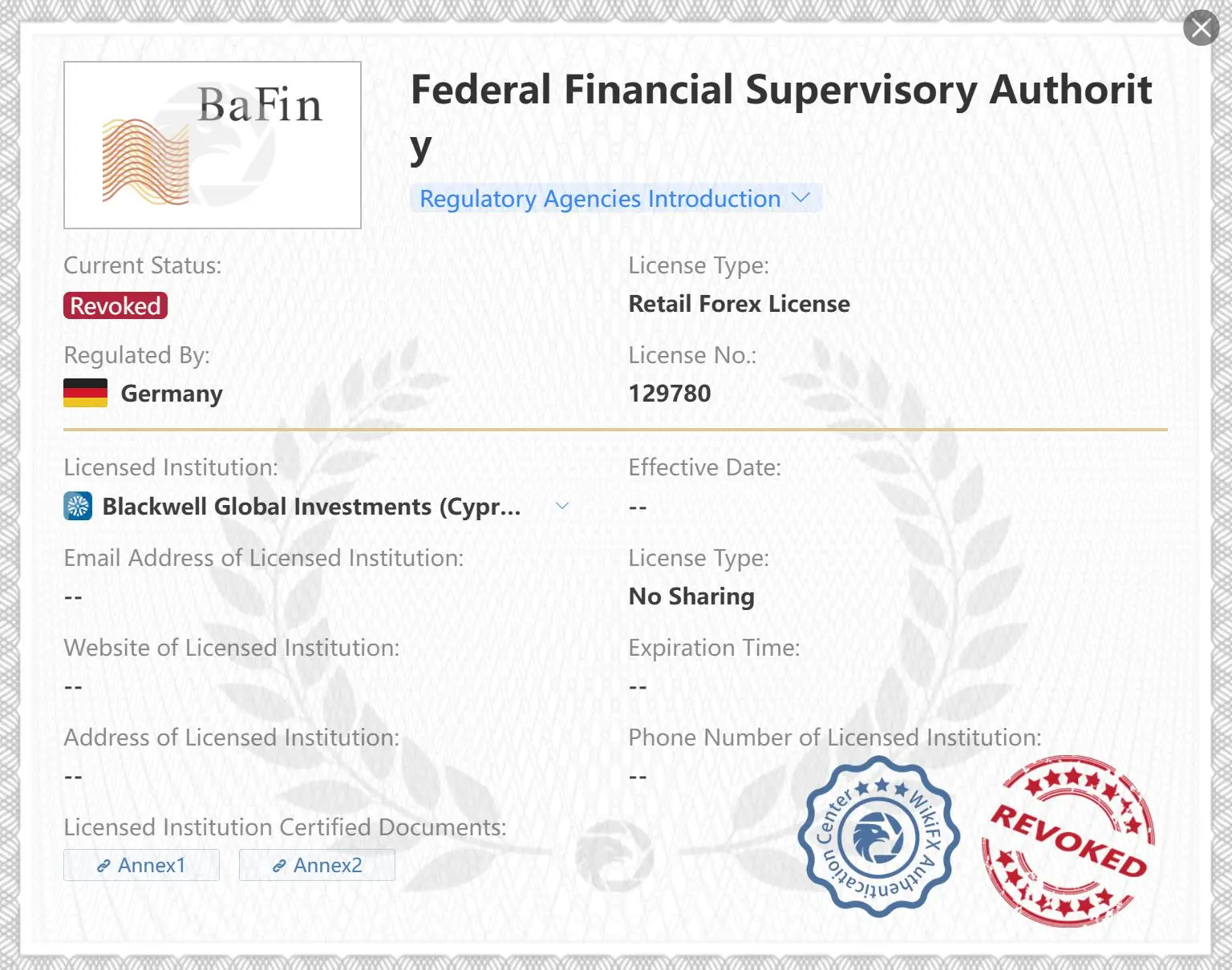 Revoked BaFin license