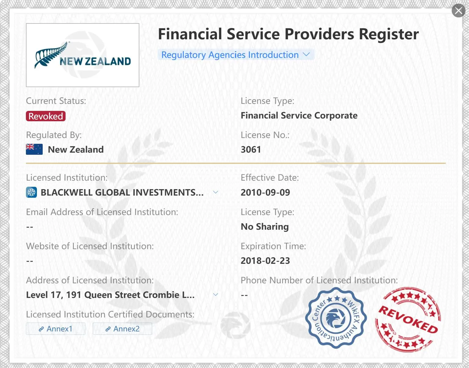 Revoked FSPR license