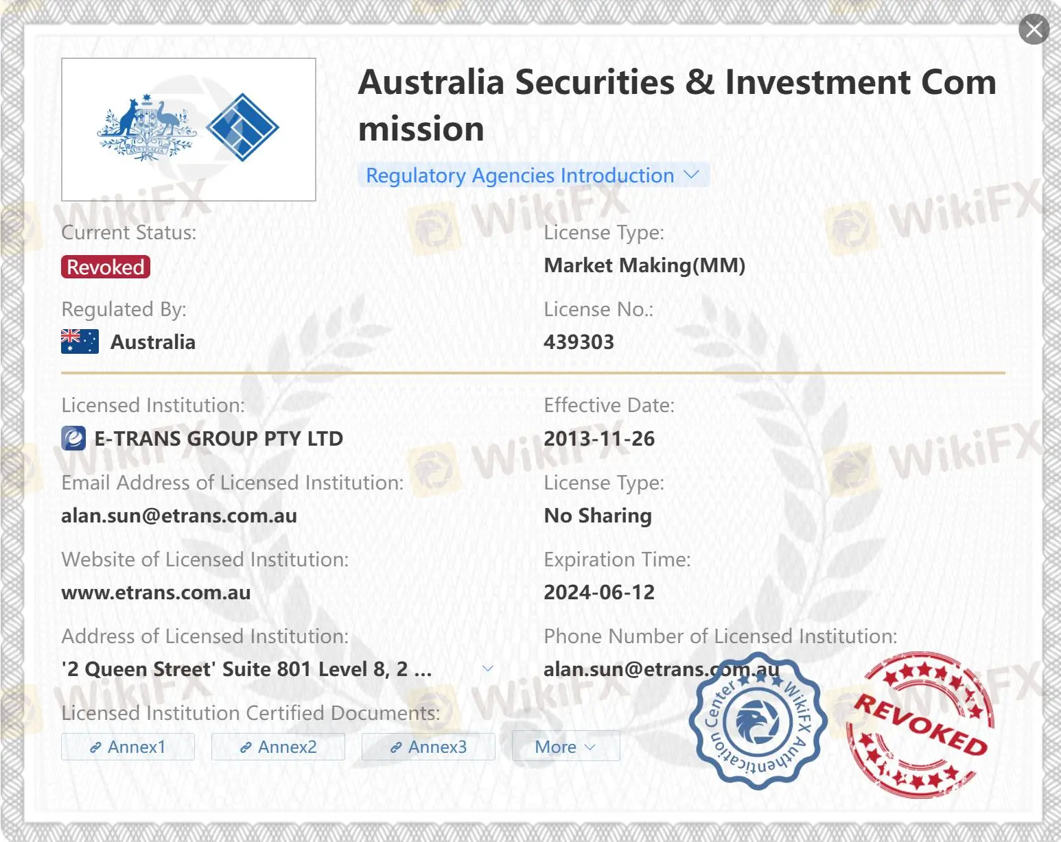 Revoked ASIC license