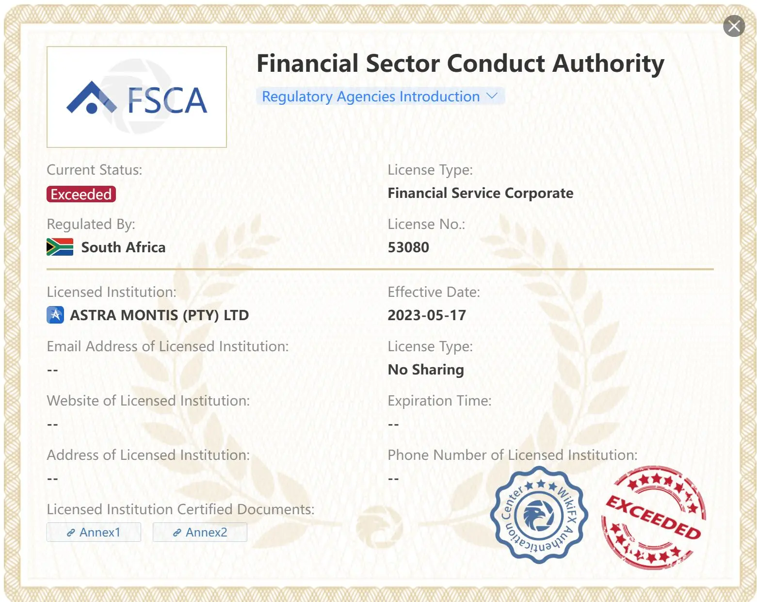 Überschrittene FSCA-Lizenz