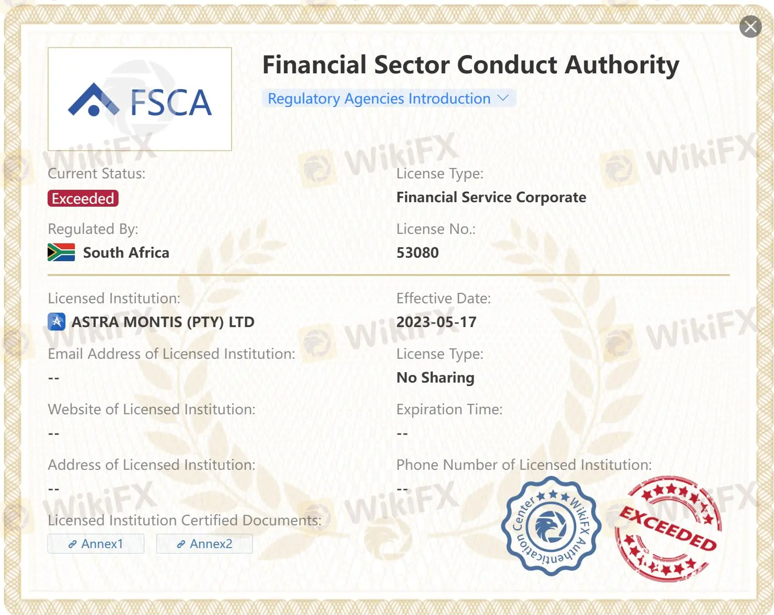 Exceeded FSCA license Exceeded FSCA license