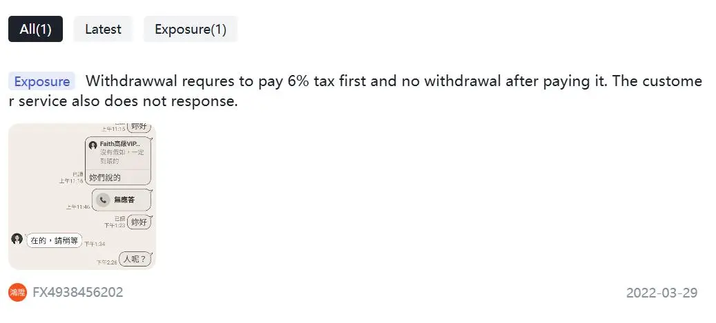 在WikiFX上的負面FAITH評論 在WikiFX上的負面FAITH評論