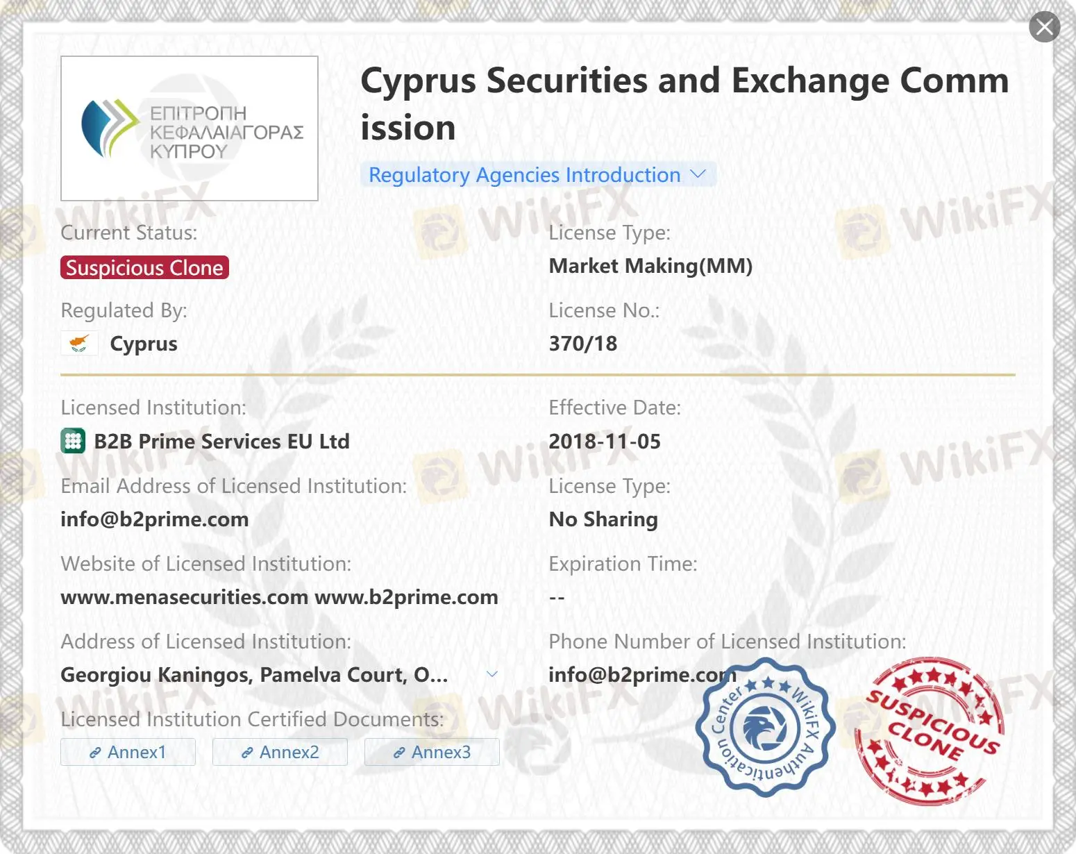 Suspicious clone CySEC license