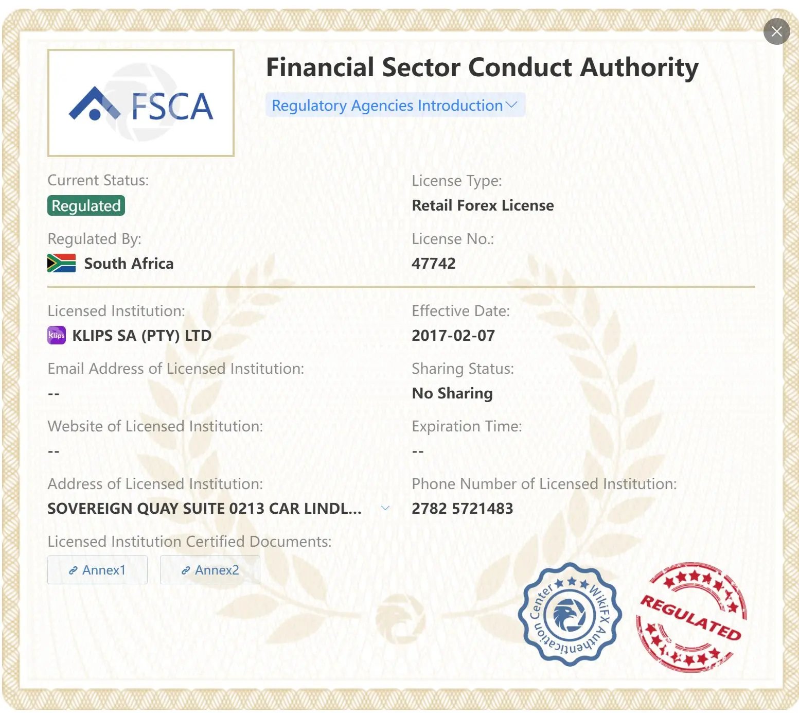 Reguliert von FSCA Reguliert von FSCA