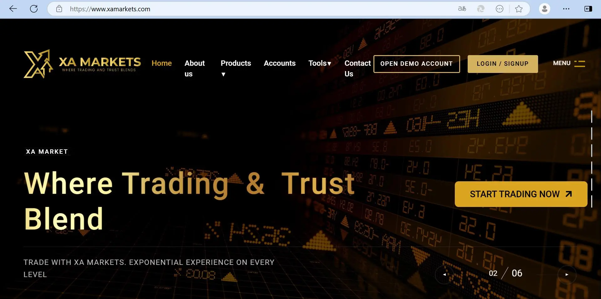 XA Markets' โฮมเพจ