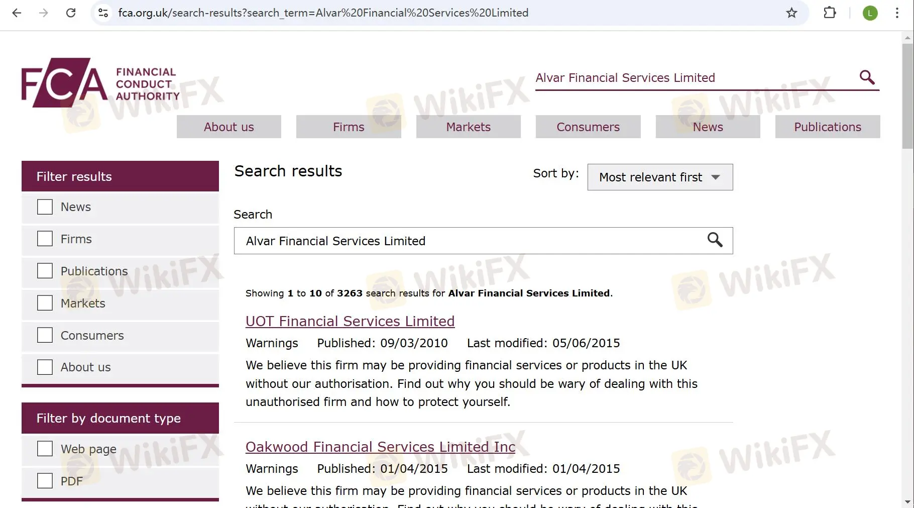 Resultados de búsqueda de la FCA