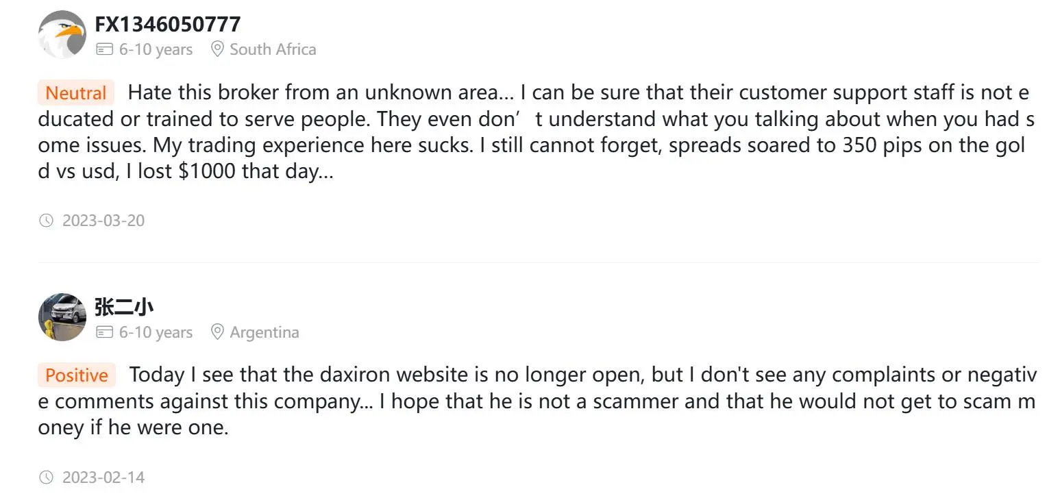 Opiniones sobre Daxiron en WikiFX