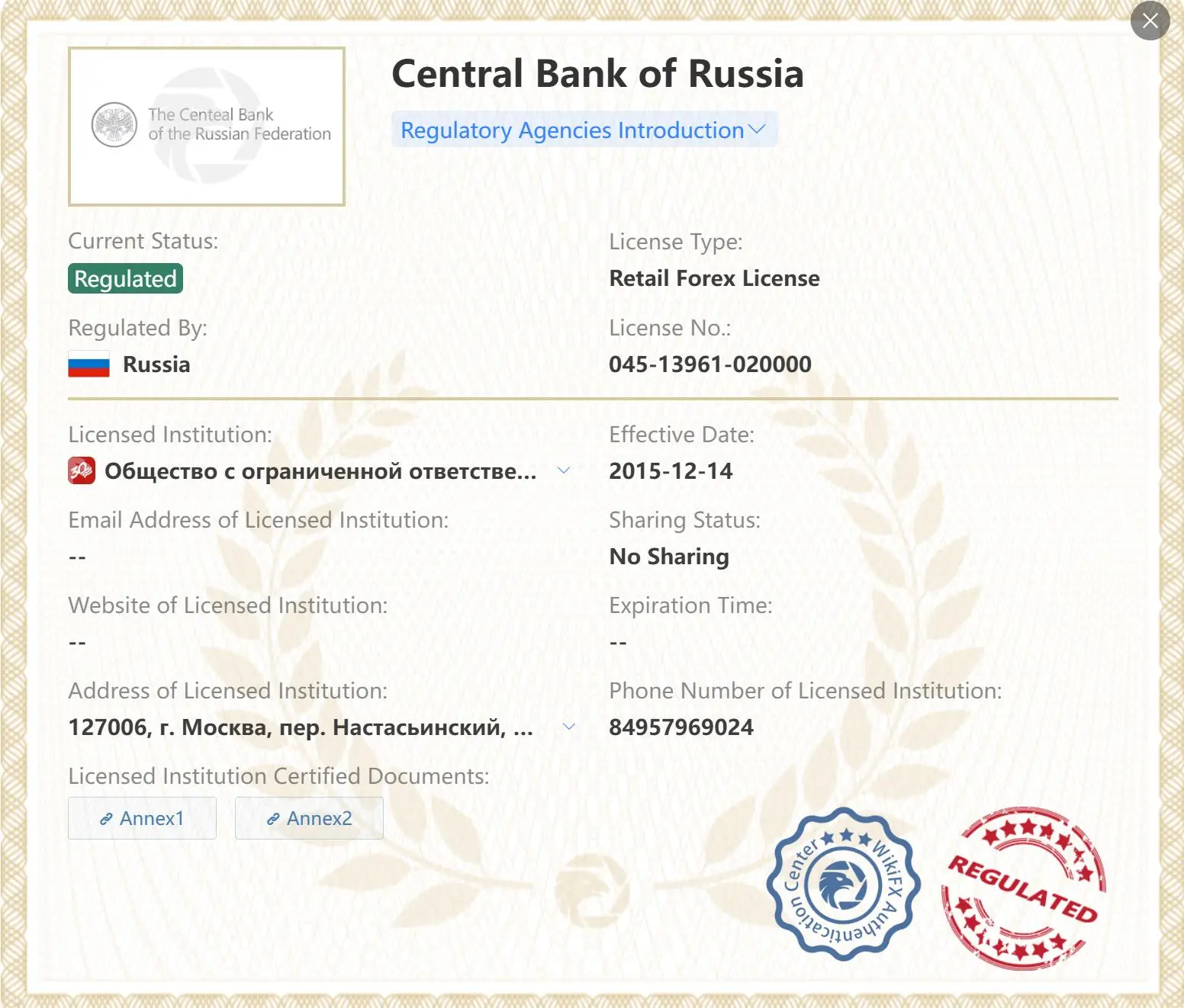 Регулируется ЦБР Регулируется ЦБР